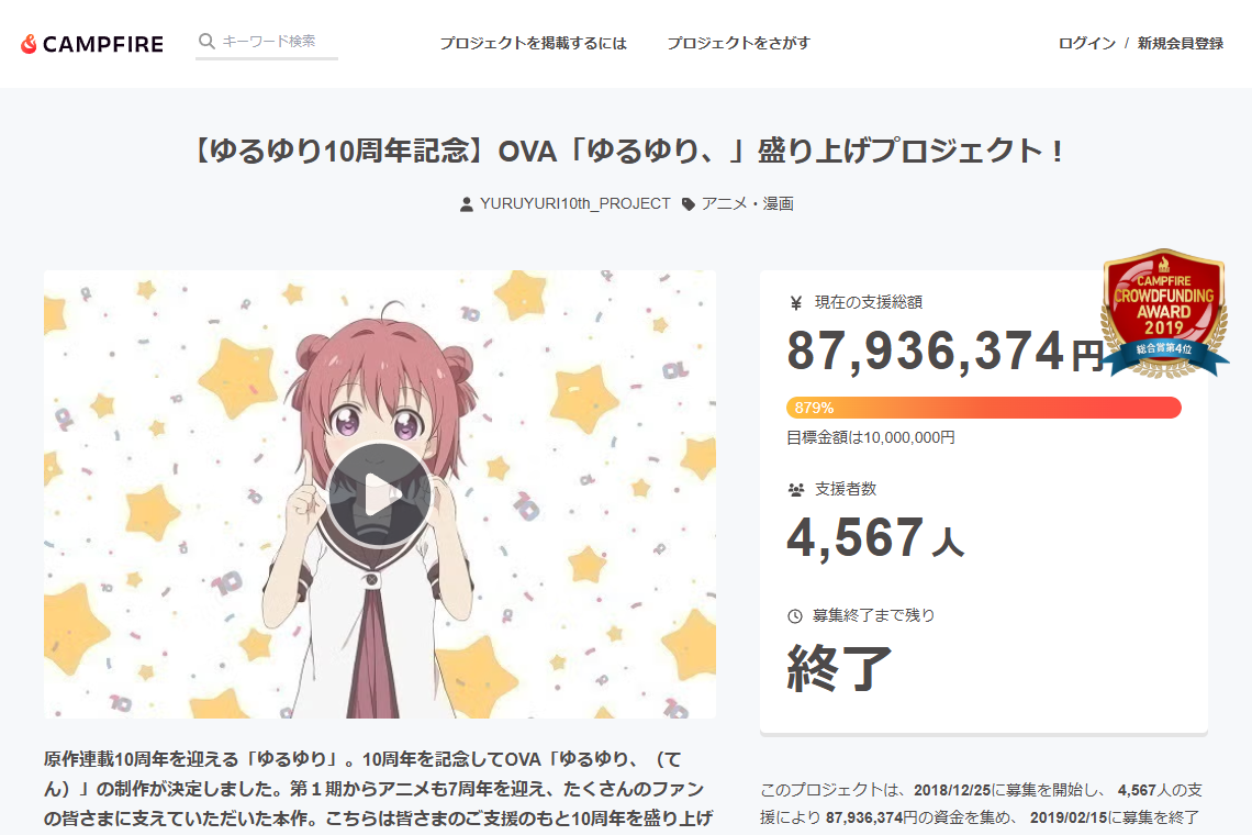 ゆるゆり10周年記念OVAのCAMPFIREプロジェクトページのスクリーンショット
